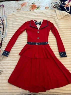Adult XS figure skating/ dance costume dress. Red with blue/white Polka dot